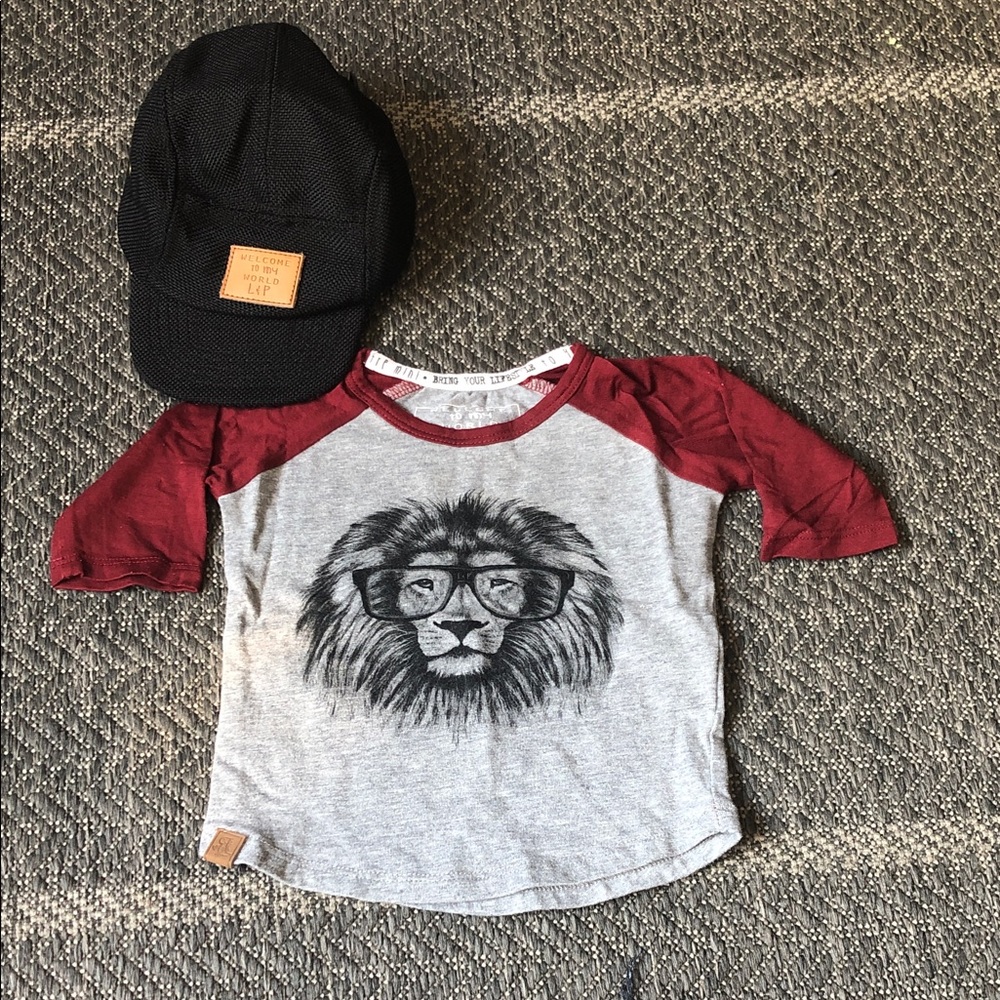 2 piece Raglan Tee with Lion Graphic - Gray and Burgundy and matching cap